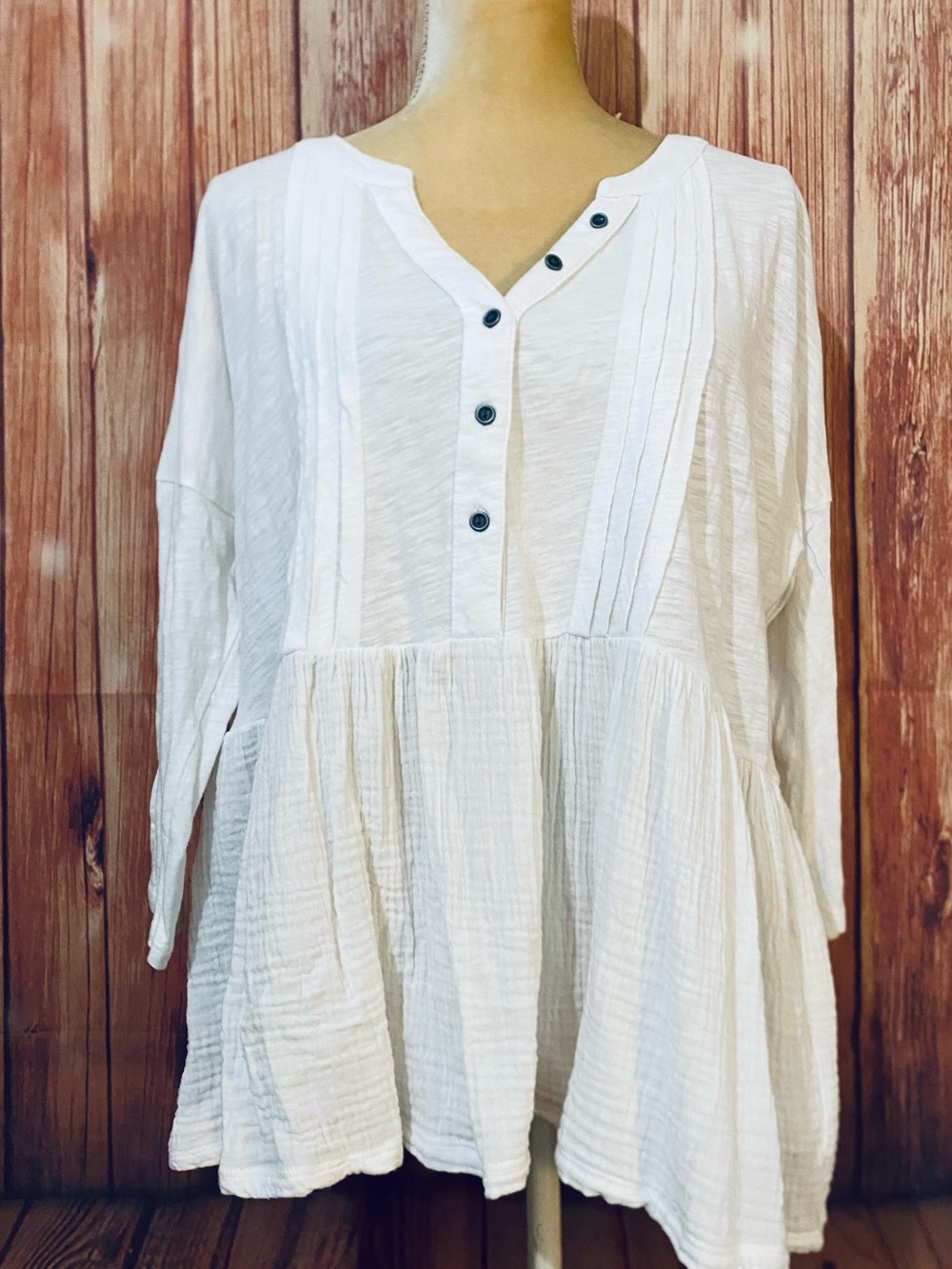 Women’s Large Peasant Blouse Time Tru White 3/4 Sleeves V Neck 100% Cotton Soft